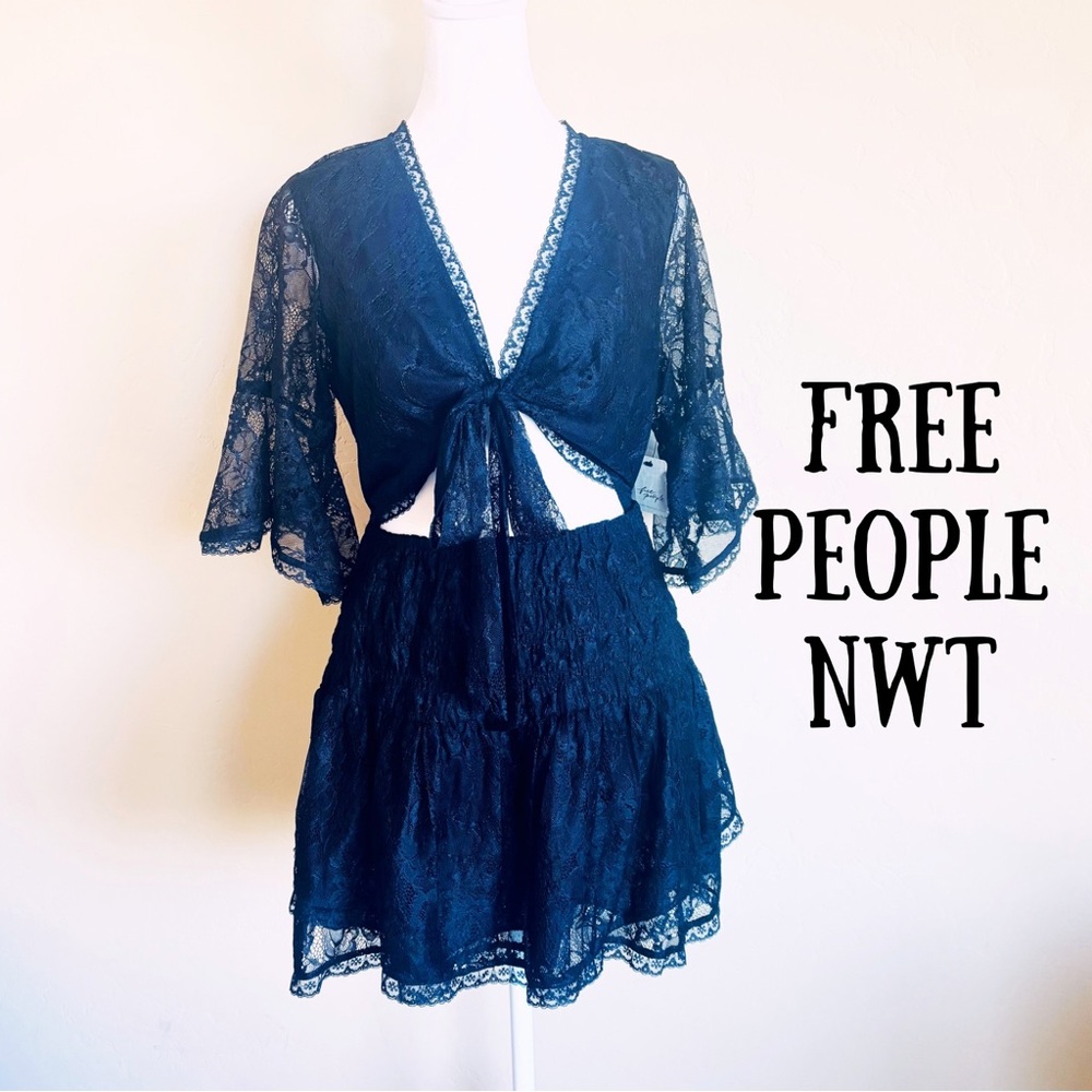 Free People Lala Lace Black Mini Cutout Dress NWT